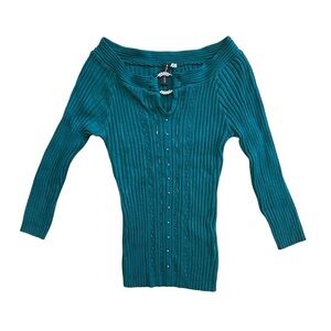 HeartSoul Teal Ribbed Off-Shoulder Sweater with Jeweled Keyhole
